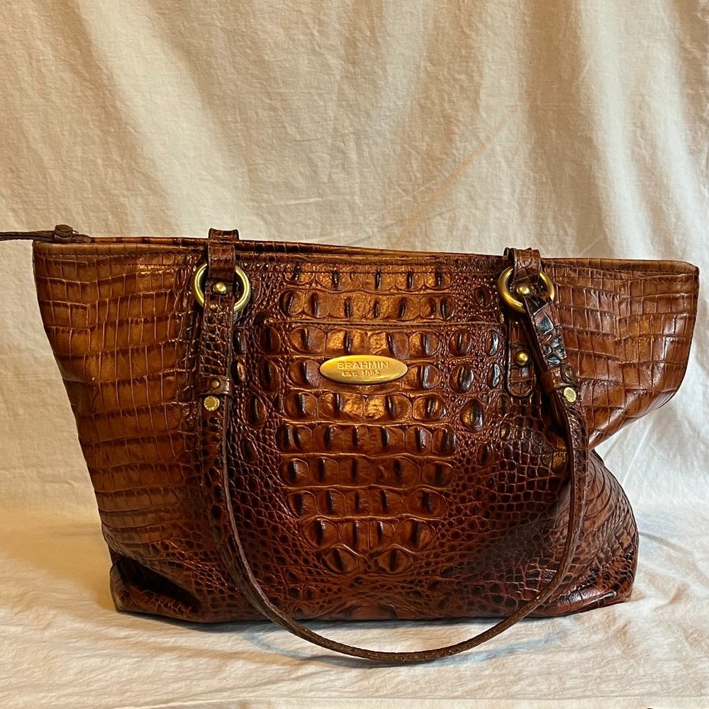 Brahmin Croc-Embossed Leather Tote Bag - Pecan